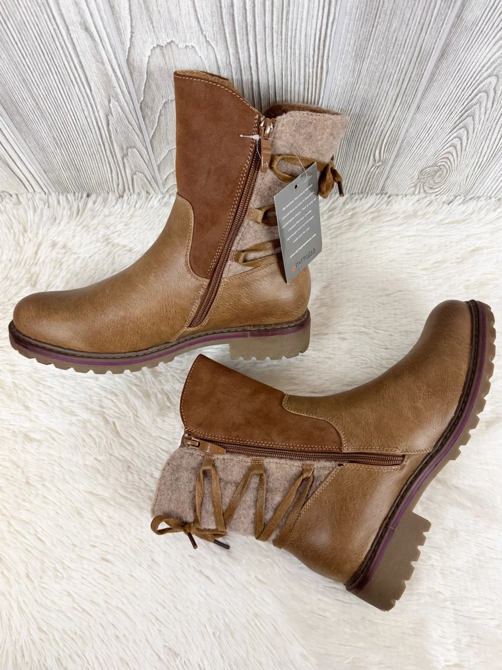 Patrizia Spring Strep Women's Dawna Brown Cozy Lace-Back Boots 9 Mid-Calf NWT